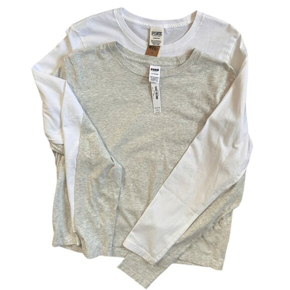 Pink Victoria's Secret Cotton 2 Long Sleeve Crew Neck Mid-Length Gray White L - Picture 1 of 13